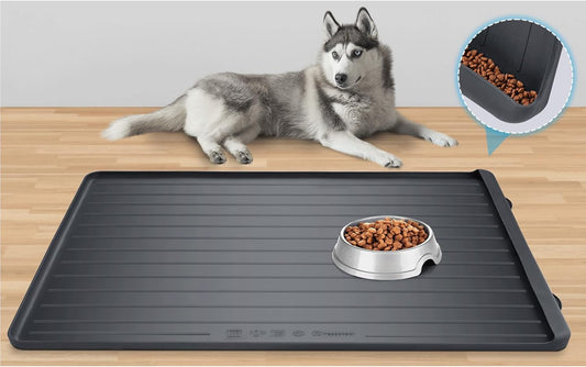 Dog Feeding Mat - 39''x27'' Large Silicone Pet Food Mats with Residue Collection Pocket and High Edges, Floors Waterproof Dog Cat Bowl Mat Prevent Water Food Spills, Black
