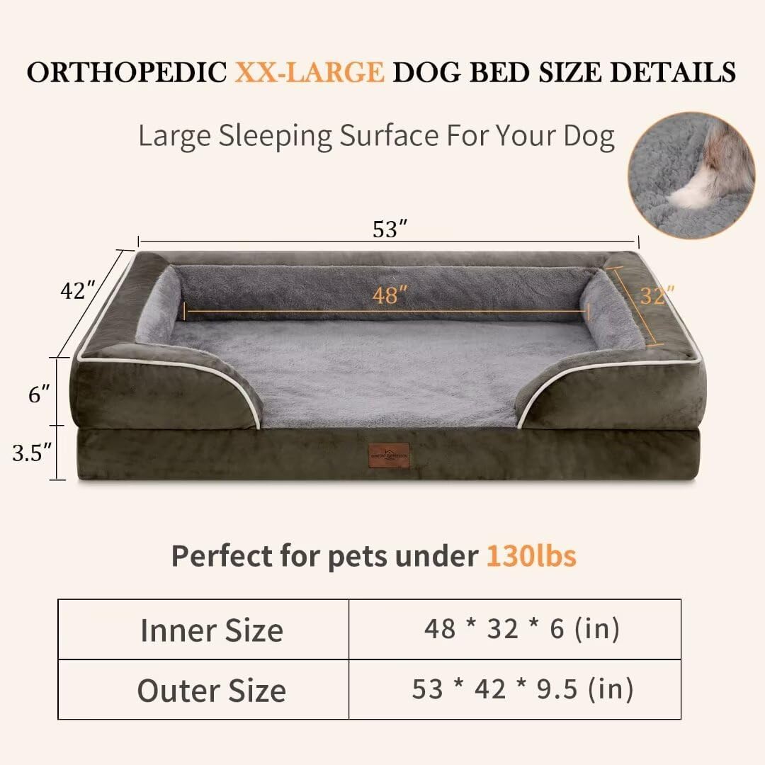 Comfort Expression XXL Dog Beds Memory Foam, Orthopedic Dog Beds for Extra Large Dogs, Waterproof Dogs Bed, Washable Pet Sofa Couch with Bolster & Removable Cover(XX-Large,Olive Green)