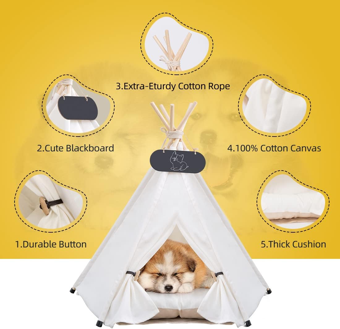 Pet Teepee Tent for Dogs & Cats Dog Bed with Thick Cushion Puppies Play House Removable and Washable