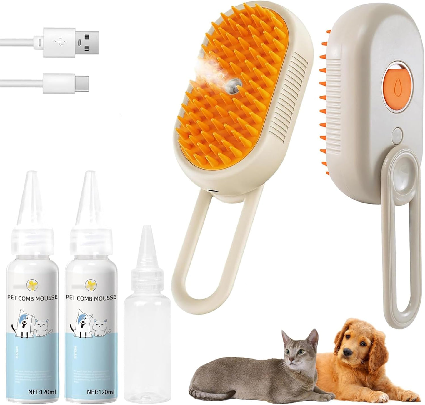 4-in1 Cat Steam Brush for Shedding & Grooming, Spray Hair Removal Comb with 2 Waterless Shampoo, Cat Brush for Massage, Pet Grooming Comb Hair Removal Tool for Cats and Dogs