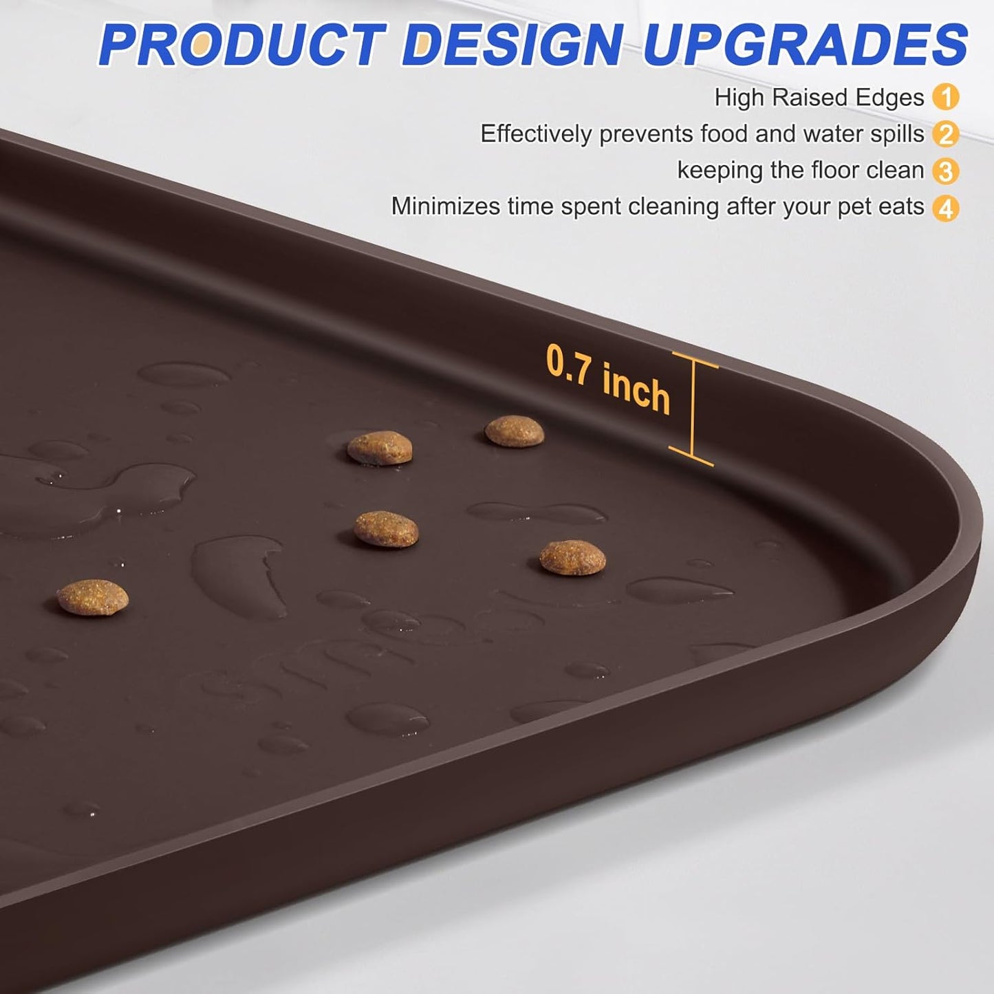Silicone Pet Feeding Mat with Raised Edge for Food and Water, Dog Bowl Mats, Cat Bowls Placemat with High Lip for Floor Waterproof, Rubber Tray for Cats and Dogs 19 x 12 x0.7 Dark Brown