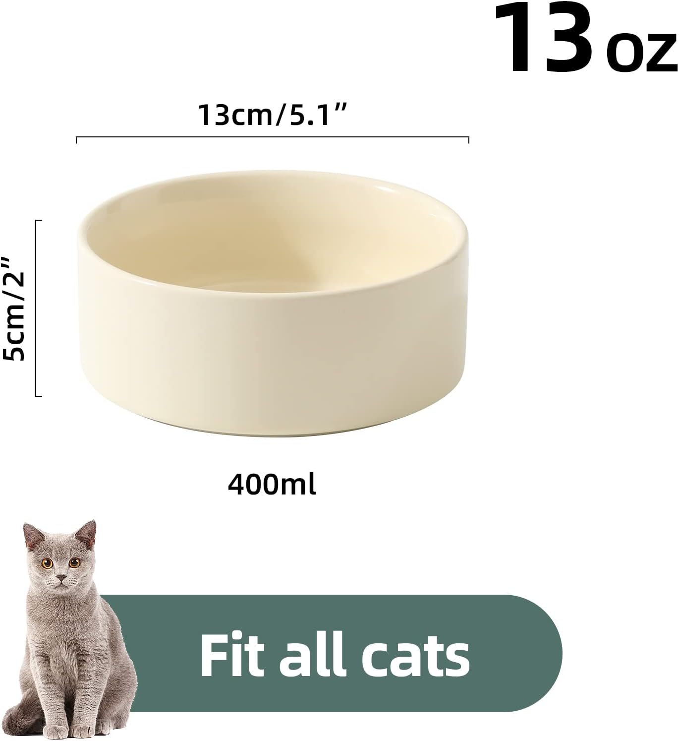 Ceramic 5.1inch Set of 2 Dog and Cat Bowls, 2pcs Anti-Slip Food and Water Feeder Dishes for Puppies, Kitties, Cats(2 Bowls, Beige)