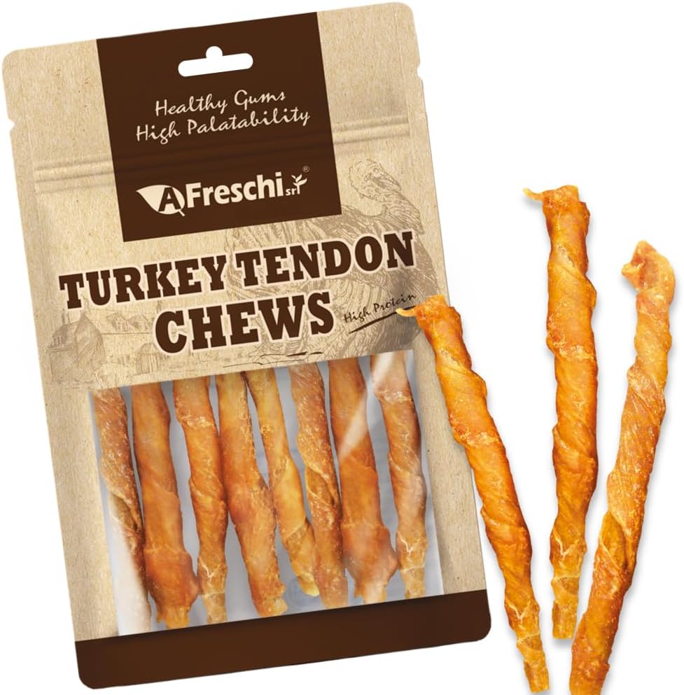 AFreschi Turkey Tendons for Dogs, USA-Sourced, Healthy Dog Treats, Rawhide-Free Puppy Chews, All Natural, Hypoallergenic Dog Treats, Classic Series, Turkey Tendon Wrapped Chicken Stick, 3.5 oz Pack