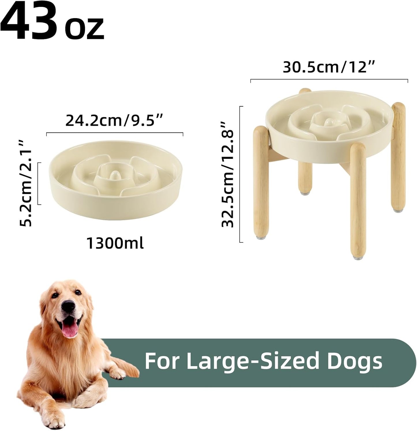 9.5inch Ceramic Raised Slow Feeder Dog Bowl Set, Elevated Bowl with Wooden Stand for Large Dog, Puzzle Slow Pet Food Dish, Anti-Gulping(Beige, Single Bowl+ Stand)