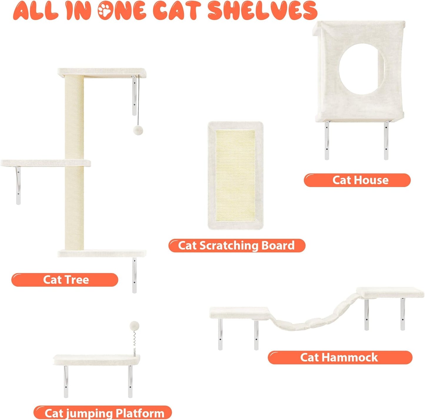 NUNU LAB Cat Wall Shelves Set, 5 Pcs Wall-Mounted Cat Climber with Condo House, Bridge Ladder, Scratching Post, Indoor Cat Furniture Set, Beige