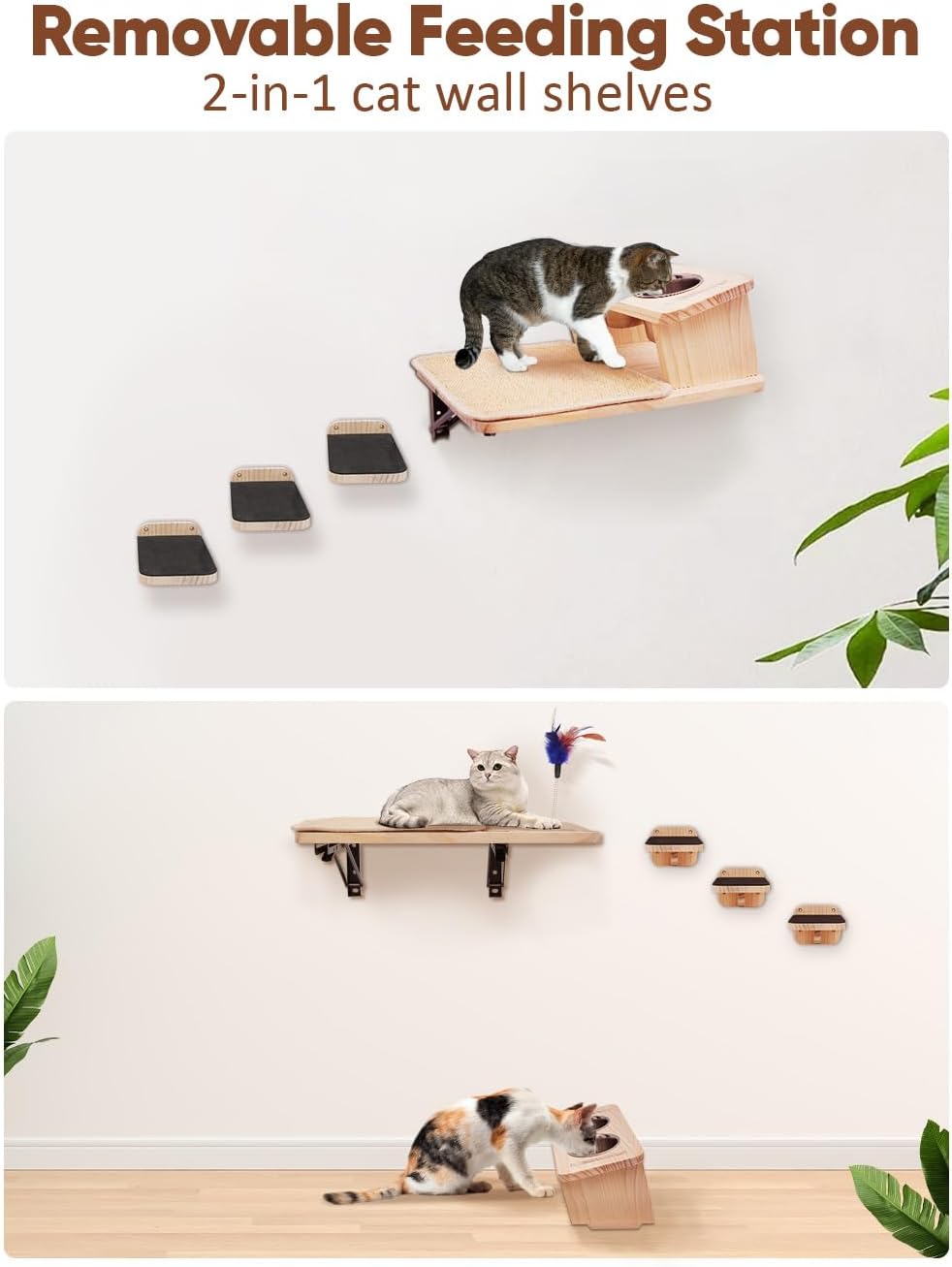 Cat Wall Shelves with 3 Cimbing Steps Wall-Mounted Cat Shelf Dogproof Feeding Bowls Station Cats Hammock and Perches for Wall Furniture Set Climber Scratching Post