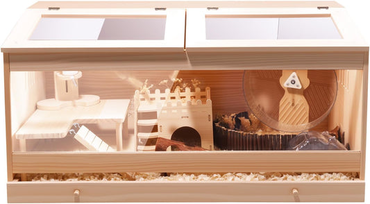 Wooden Hamster Cage with Pull-Out Tray, Small Animal Habitat with Double Skylight Doors for Gerbil, Mouse, Guinea Pig, Rat, No Accessories (31.5" L x 15.7" W x 15.7" H)
