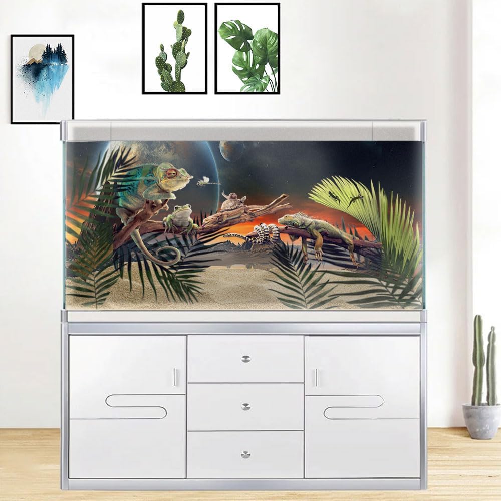 48X18IN Cosmic Aquarium Background, Cool Parallel Space Themed Fish Tank Background, Tropical Desert Terrarium Background with 8 EVA Double-Sided Tape