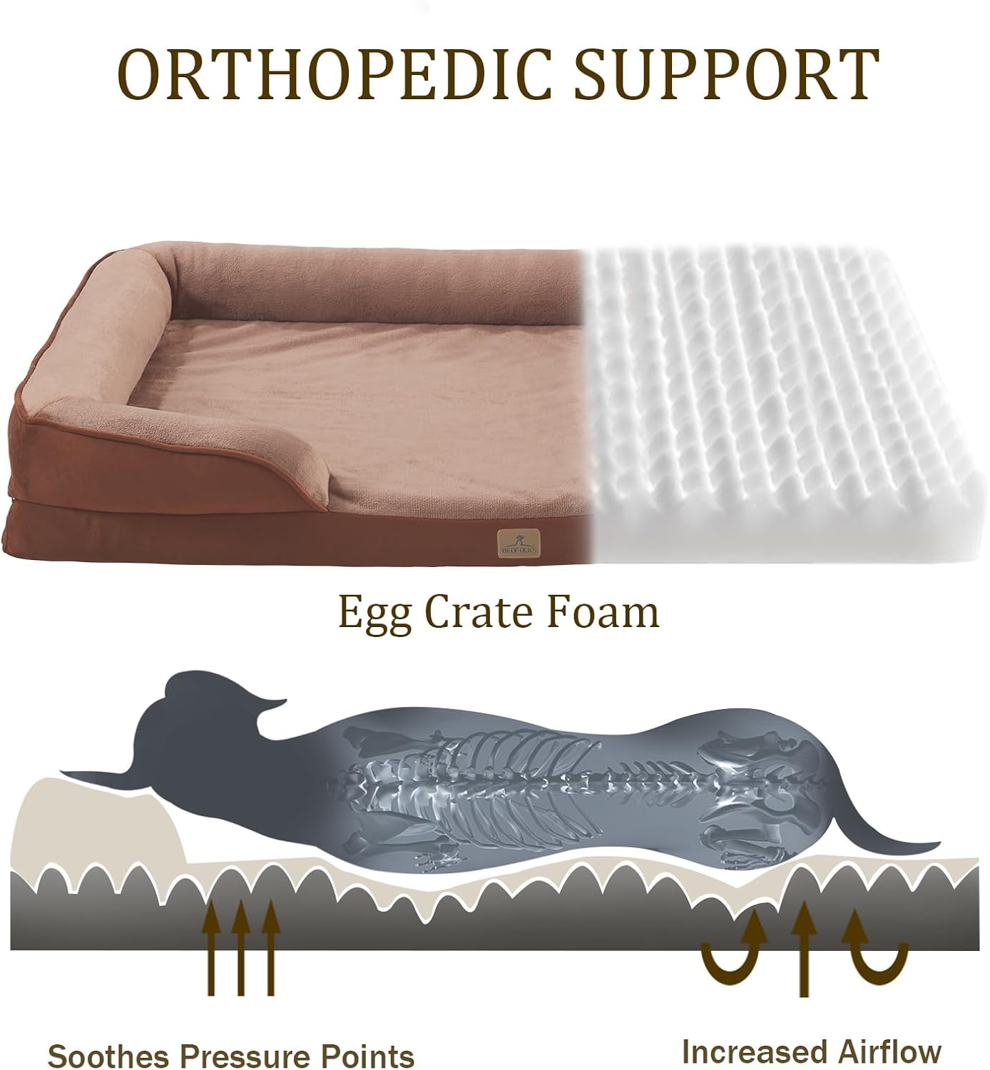 Bedfolks Orthopedic Dog Bed, Waterproof Dog Sofa Bed for Medium Dogs, Egg Foam Pet Couch Bed with Removable Washable Cover and Nonslip Bottom, Brown