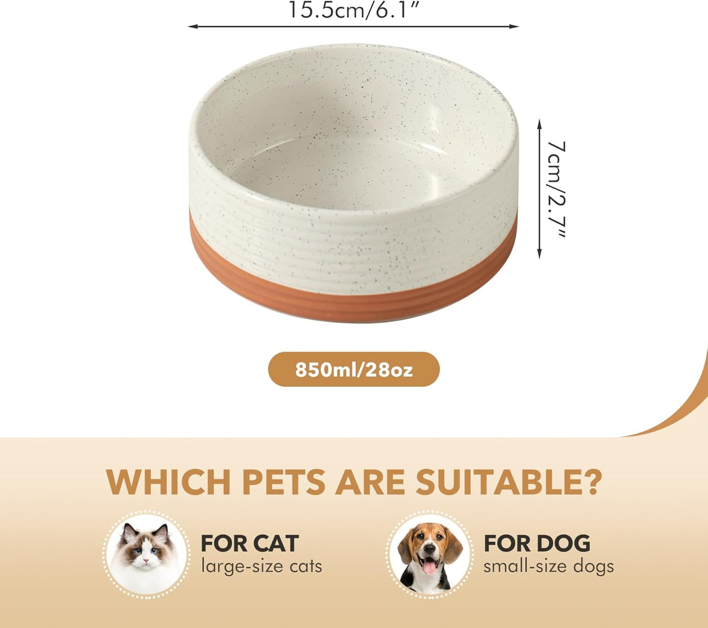 Ceramic 6.1inch Dog Bowl for Small Breed Dogs, Anti-Slip and Weighted Pet Food and Water Dishes(Single Bowl, Vanilla White)