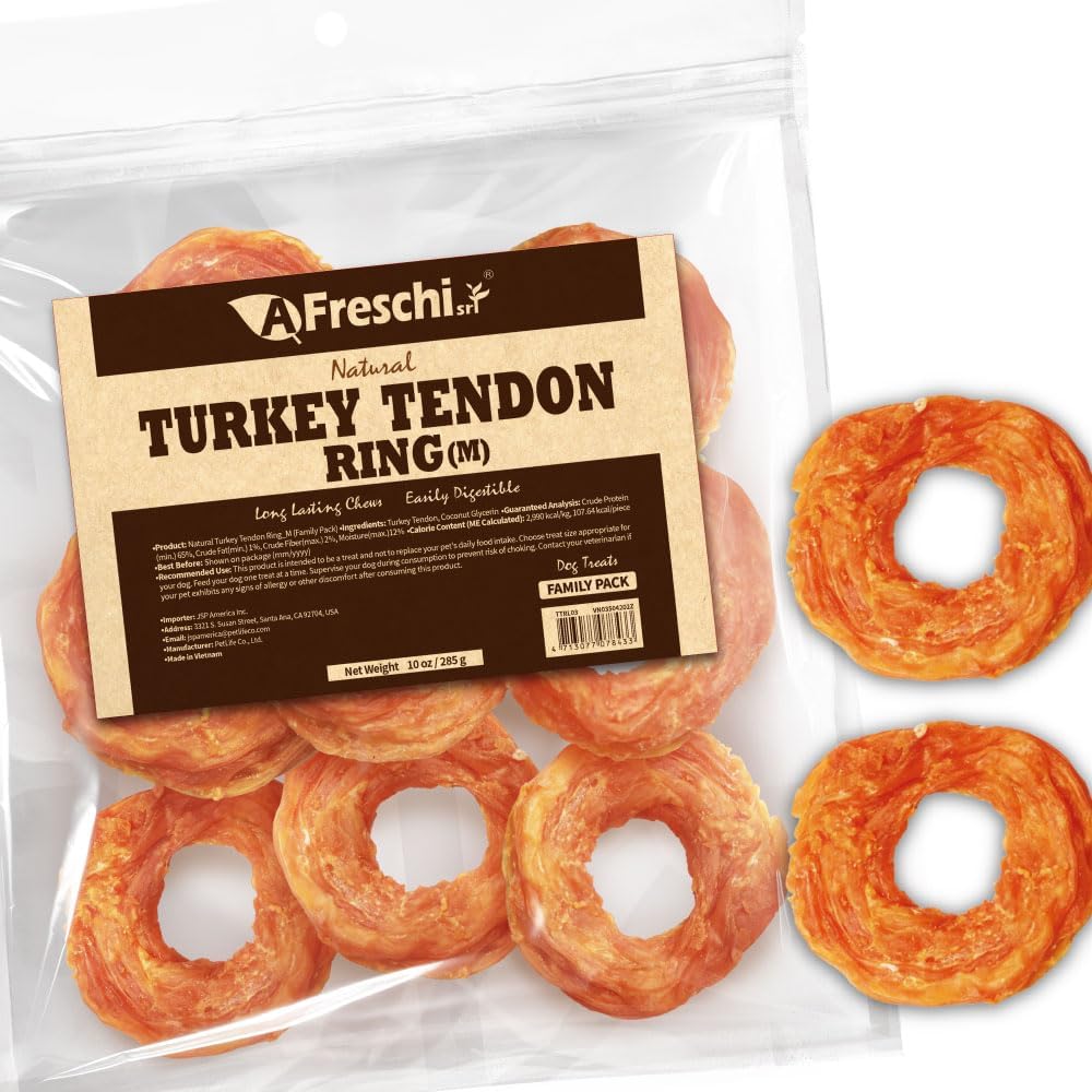 Afreschi Natural Turkey Tendon Ring (M) 10 oz, USA-Sourced Turkey Tendon, All Natural Puppy Chew, Hypoallergenic, Rawhide Alternative, for Medium Breeds