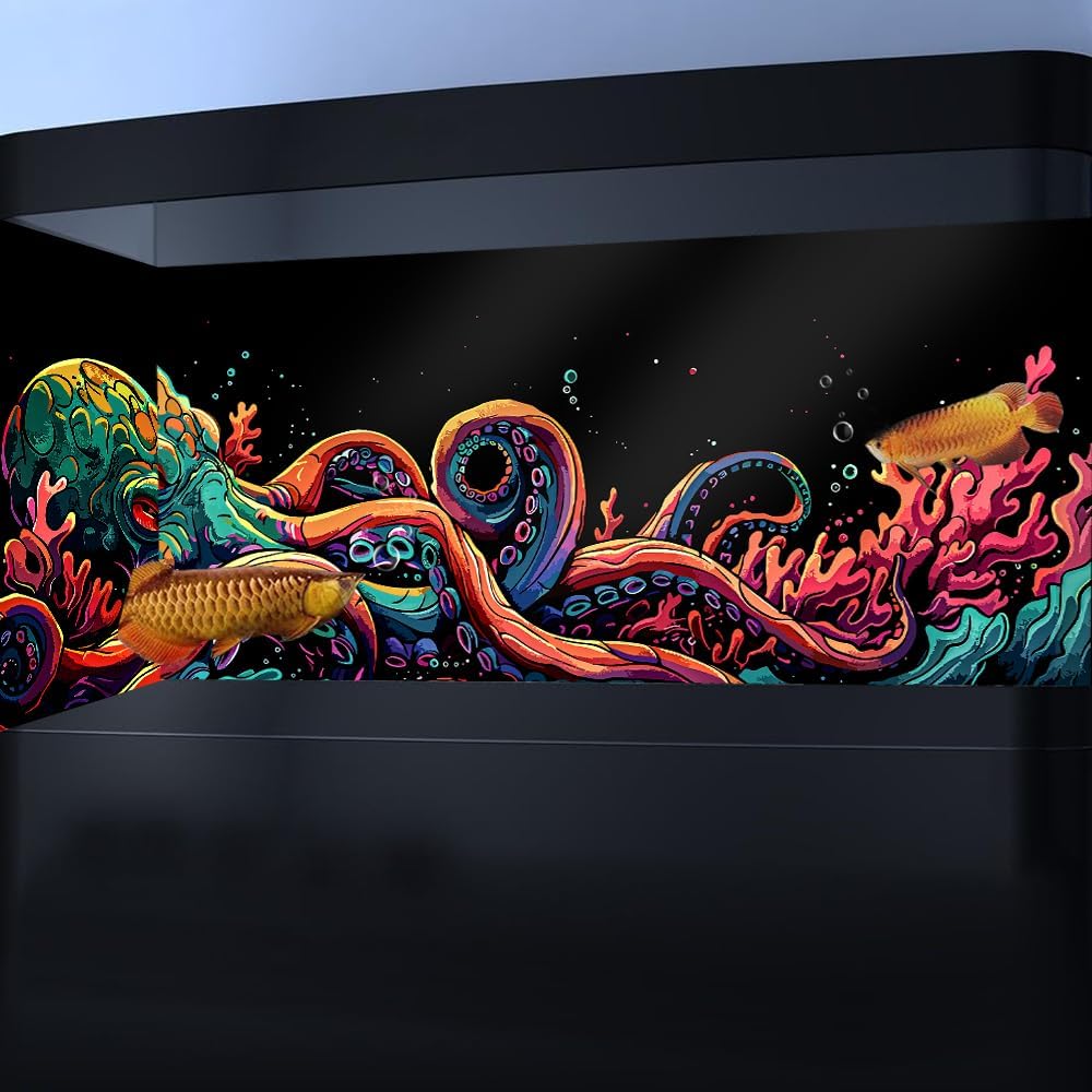 72X18IN Blacklight Octopus Sea Monster HD 3D Black Light Aquarium Background UV Reactive Background Terrarium Background with 10 EVA Double-Sided Tape