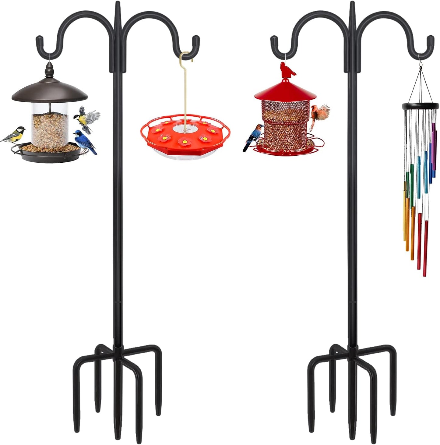 FEED GARDEN Adjustable Double Shepherds Hook for Outdoor with 5 Prong Base 108 Inch Heavy Duty Two Sided Bird Feeder Pole for Hanging Plant Baskets, Solar Light Lanterns, Wind Chimes 2 Pack