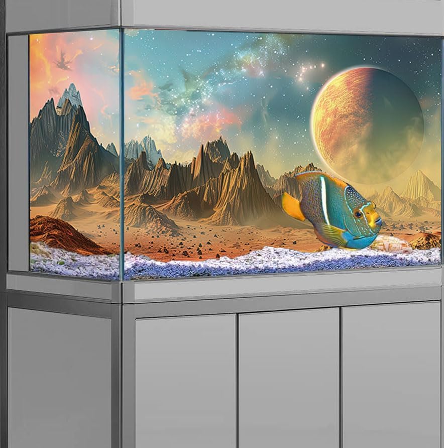 Cosmic Aquarium Background,Cool Galaxy Parallel Space Themed Fish Tank Background, Tropical Desert Terrarium Background 24X12IN with 8 EVA Double-Sided Tape