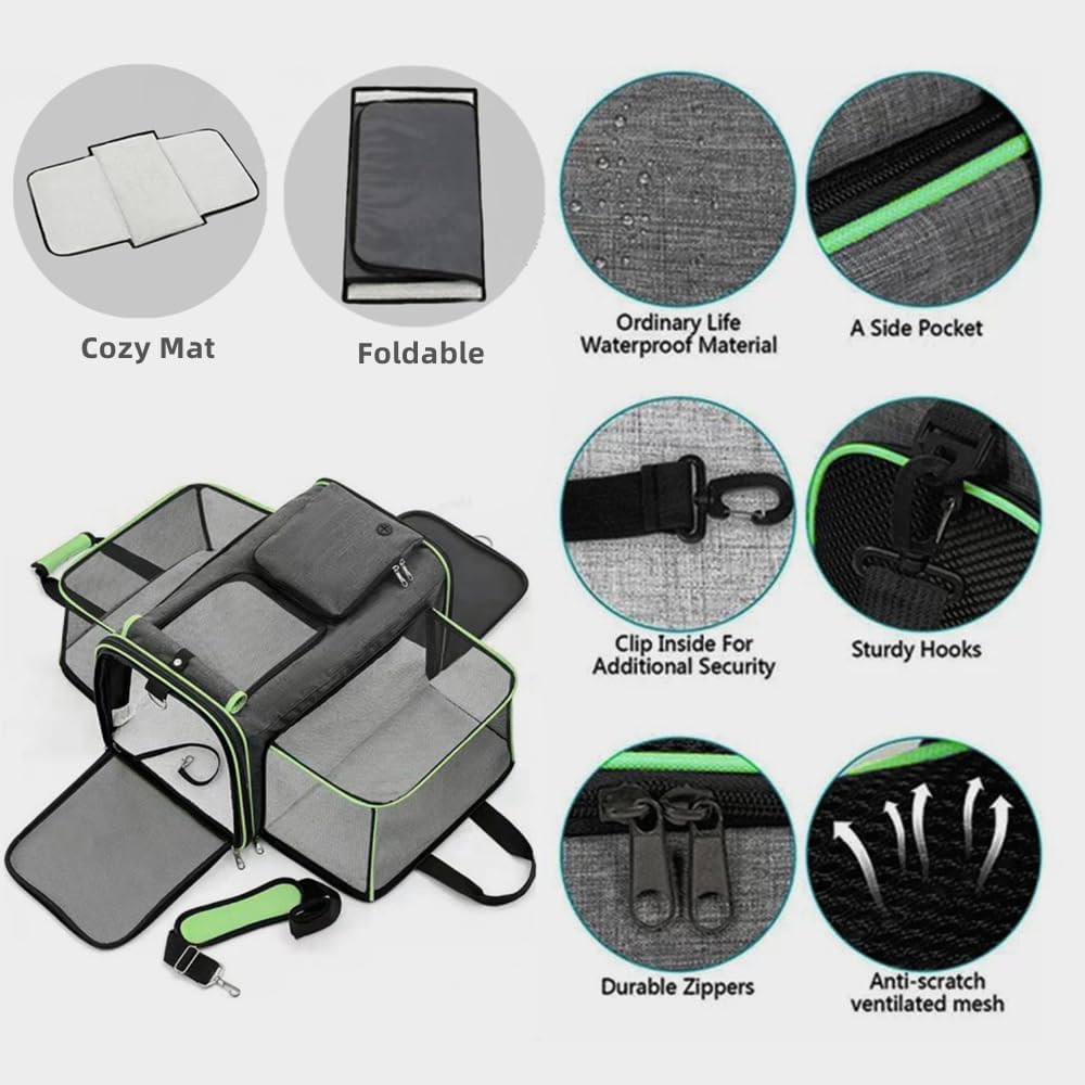 Cat, Dog Carrier for Pets Up to 20 Lbs,Sides Expandable Pet Carrier Bag Large Mesh Safe,Airline Approved Animal Carrier,Soft Sided Collapsible Pet Travel Carrier,Foldable Portable Pet Home (Green)