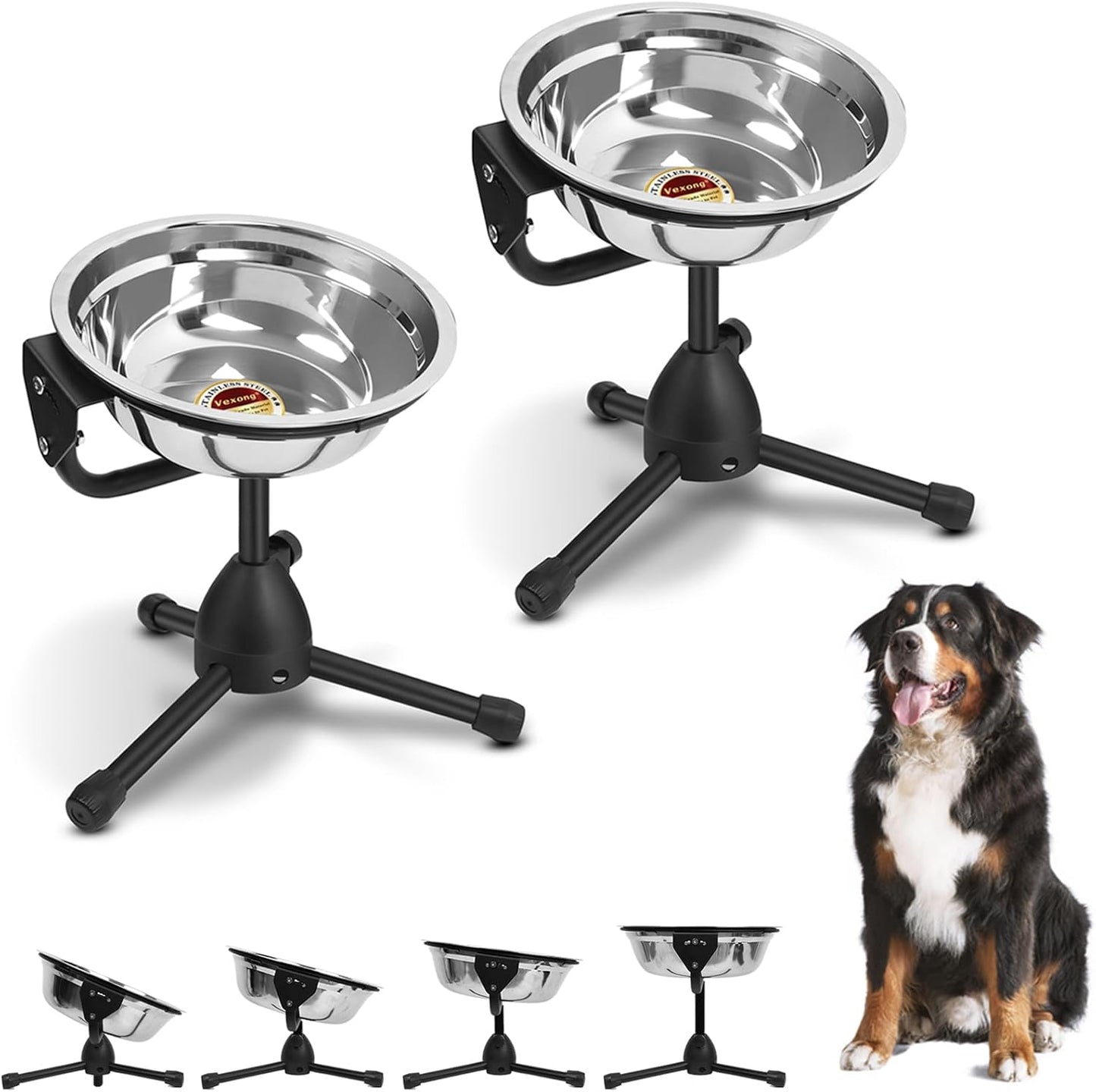 2 Pack Elevated Bowls With Adjustable Metal Stand, Medium Size for Dogs 30-70 lbs, 0.5 Gal 2 Liter, Stainless Steel Food Water Bowl, Height Adjustable Non-Slip Raised Set