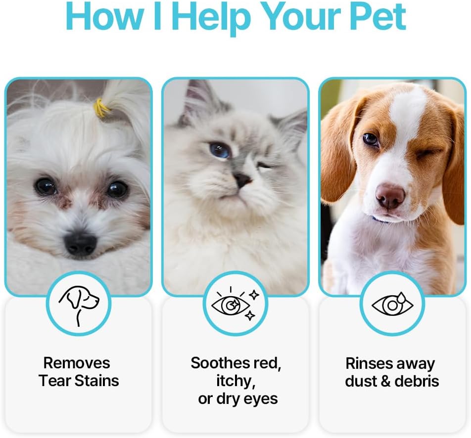 Breezytail PetO’Cera Q-Eye, Lubricating Eye Drops, Daily Moisture for Dry Eyes, Gently Flushes Irritants & Tear Stains, Vet-Approved for Dogs & Cats, 1ml*30ea