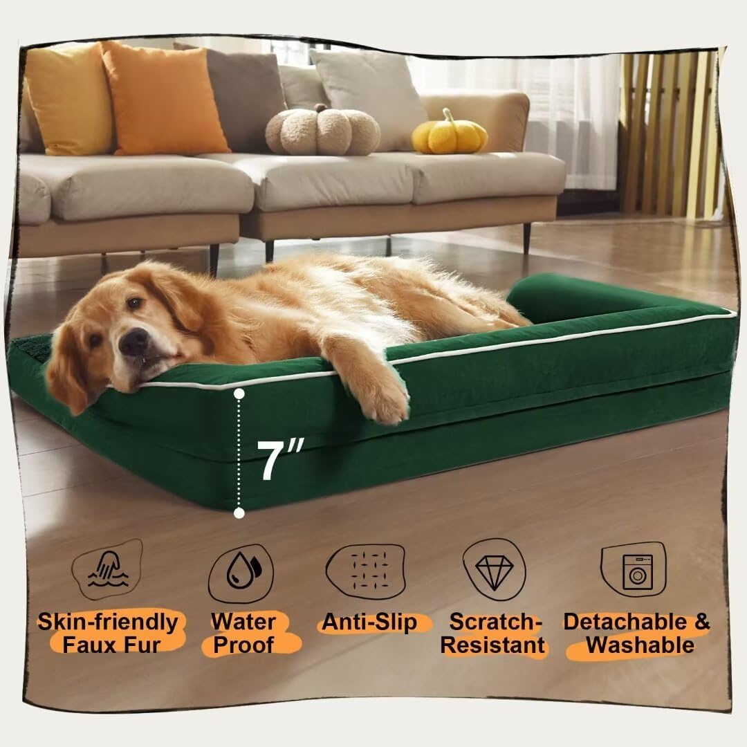 Orthopedic Large Dog Bed Washable, Orthopedic Emerald Dog Beds with Egg Foam Support, Removable, Machine Washable Plush Cover and Non-Slip Bottom for Extra Large Dogs