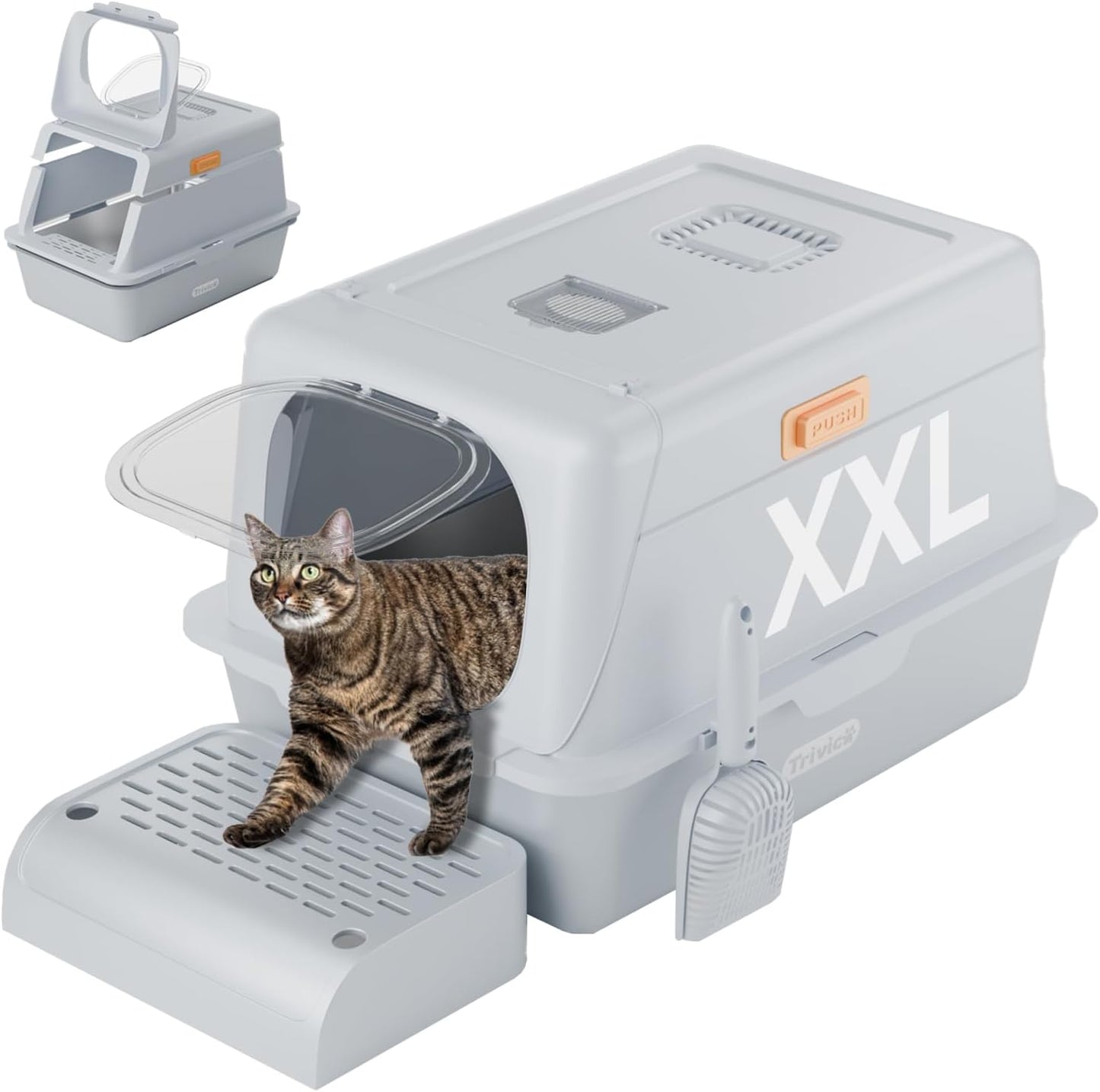 XX-Large Stainless Steel Cat Litter Box with Lid – Fully Enclosed Large Litter Box for Big Cats, Odor Control with Magnetic Door, Easy Clean, Multi-Cat Durable Metal Pan.(White-Gray)