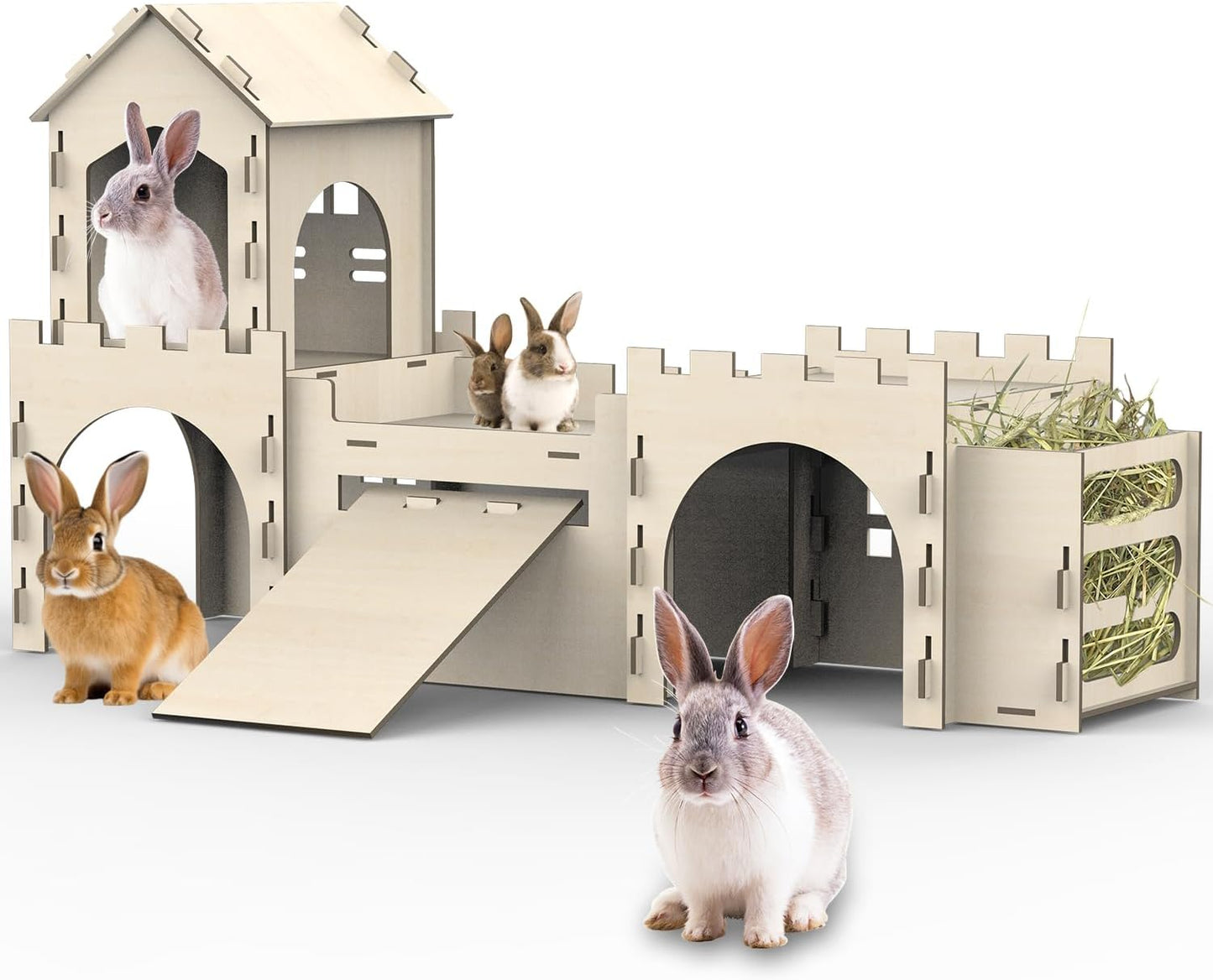 Large Bunny House and Hideouts, Wooden Dual-Layer Rabbit Castle with Stair, Rubber Band-Free Setup - chew-Proof, Sturdy Habitat for Guinea Pig Chinchilla Ferret (Rabbit House with Hay Feeder)