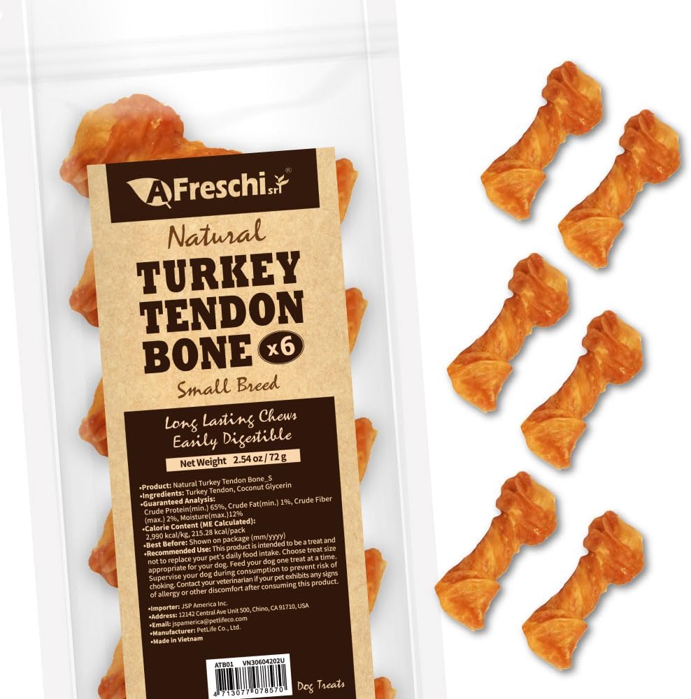 AFreschi Turkey Tendons for Dogs, USA-Sourced, Healthy Dog Treats, Rawhide-Free Puppy Chews, Long Lasting, All Natural, Hypoallergenic Dog Treats for Small Breeds, 6 Count Pack Bone (S)