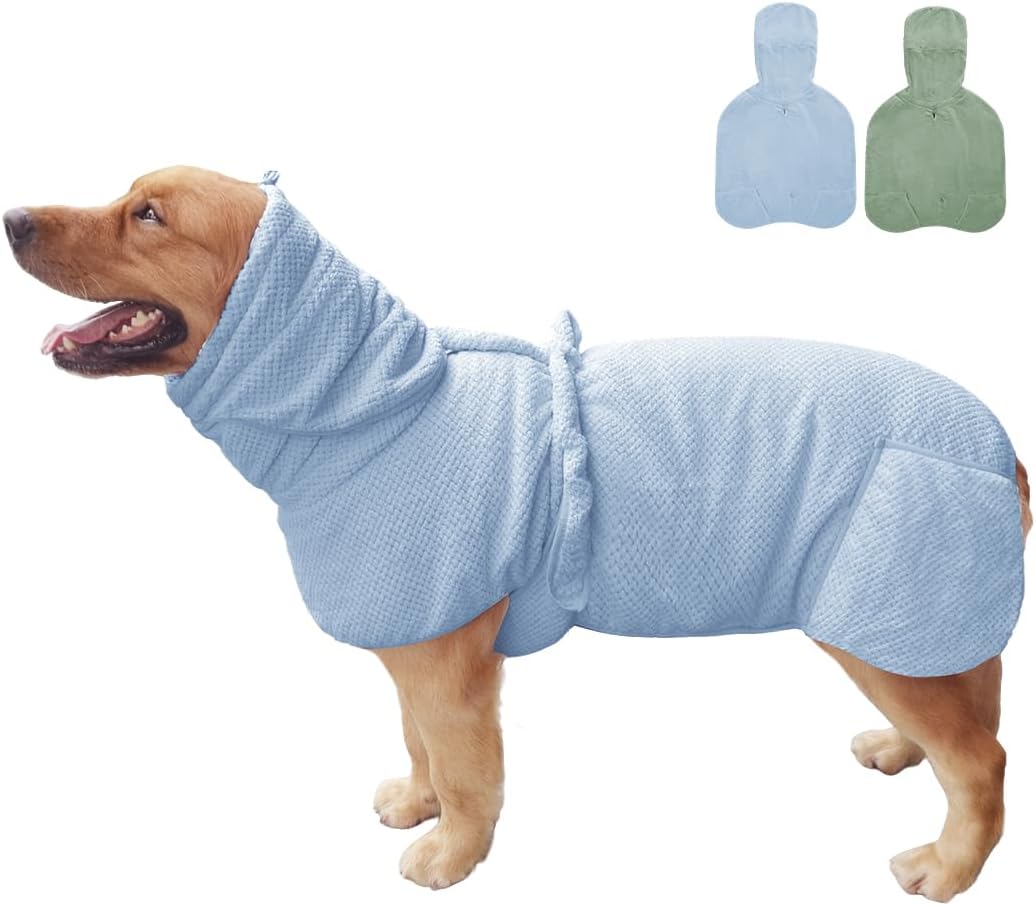 KOOGALSmall to Medium Size Dog Bathrobe, Quick Drying Super Absorbent Used for After Bathing, Warm Dog Towels, Adjustable Hoodies and Belts for Pet Dogs Bath Clothes Products(Blue Jacquard, L)