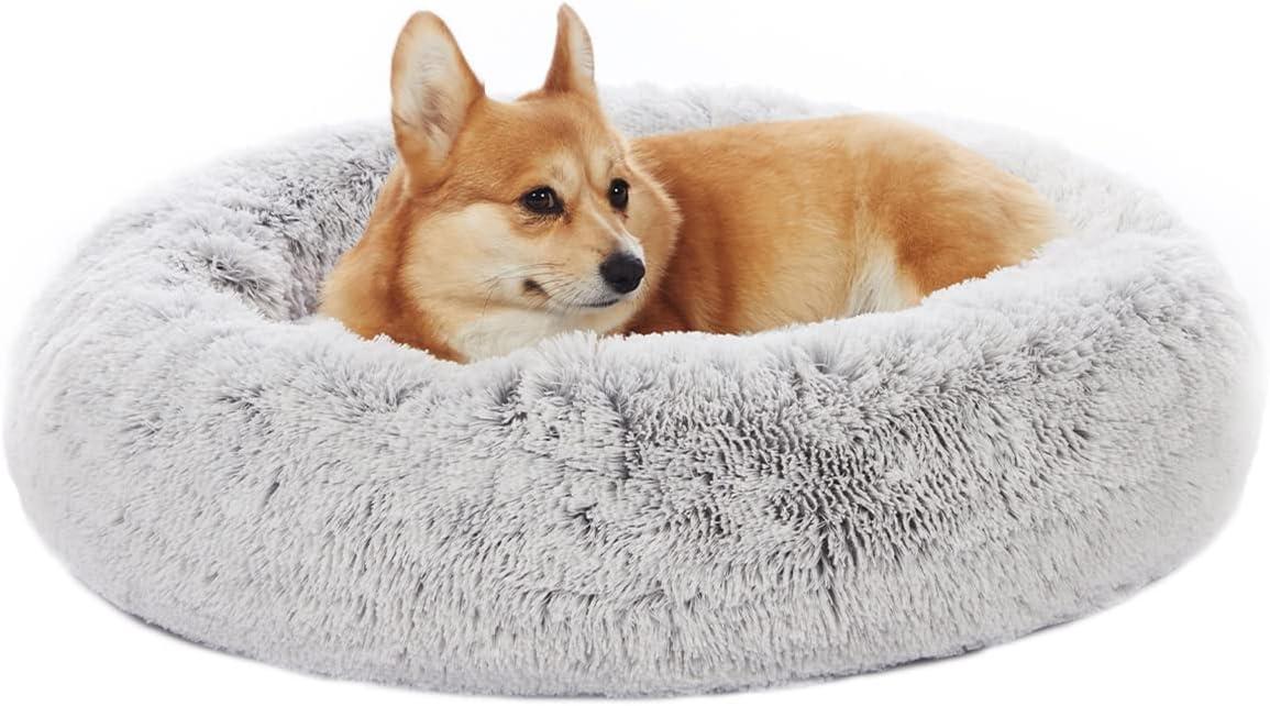 Bedfolks Calming Donut Dog Bed, 30 Inches Round Fluffy Dog Beds for Medium Dogs, Anti-Anxiety Plush Dog Bed, Machine Washable Pet Bed (Light Grey, Medium)