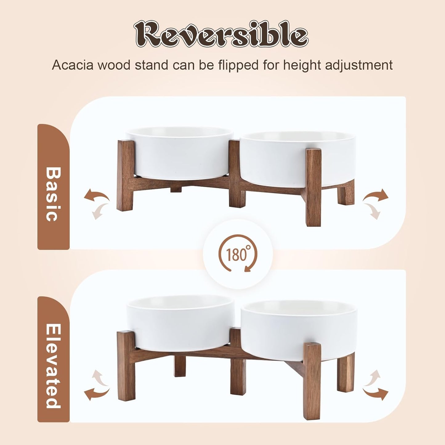 SPUNKYJUNKY Ceramic Dog Bowls with Acacia Wood Stand - Raised Dog Food and Water Bowl Set for Small Dogs (13.52 OZ, White)