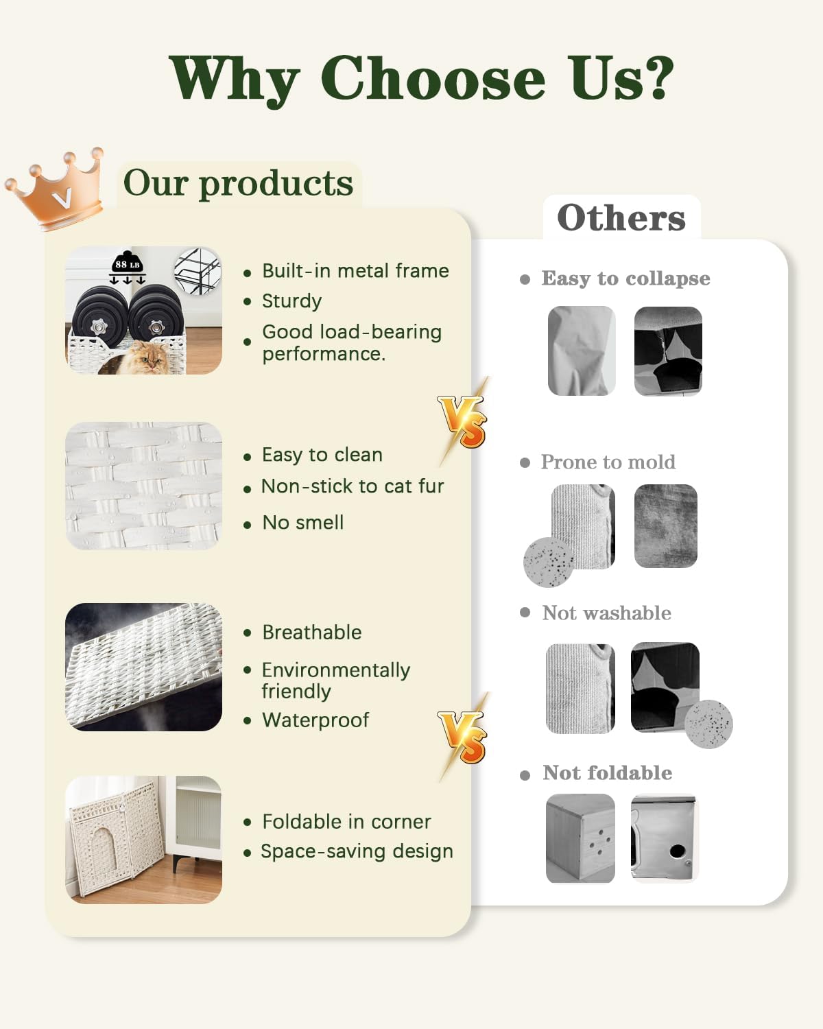 Cat Beds Indoor Kitten House, Handwoven Rattan Cat Cave Pet Cube, Large Cat Houses, One Bed Mat, Foldable, Hideaway, 16.5x16.5x13.2 Inches, 2 S-Shaped Hooks in Living Room Bedroom White