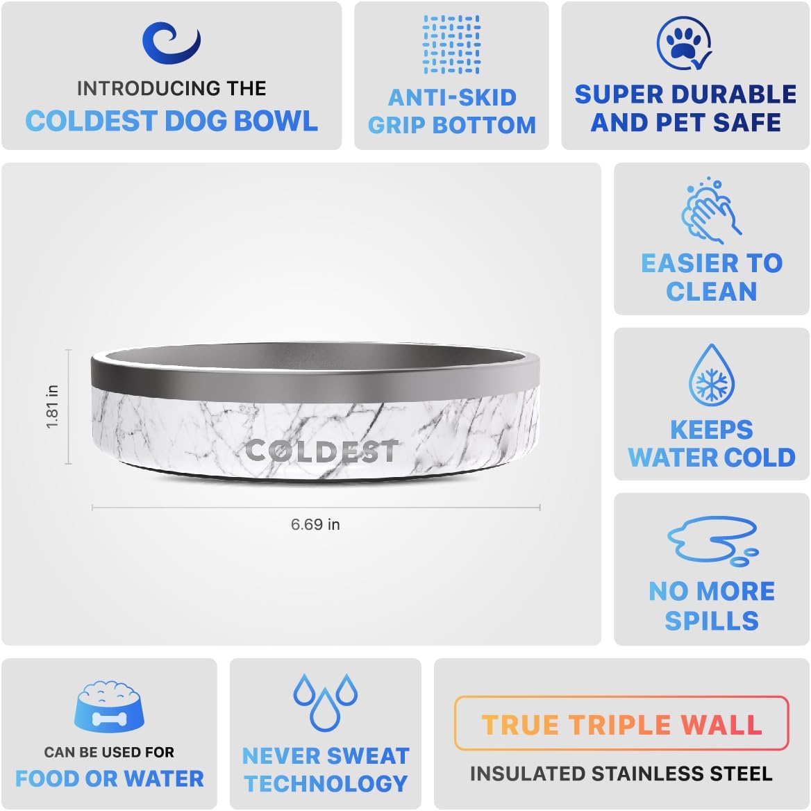 Coldest Dog Bowl - Anti Rust Metal, Non Slip, 3 Layers Insulated Stainless Steel Dog Bowls - Spill Proof & Heavy Duty - Water Bowl for Dogs, Cats & Pets, Dish Washer Safe (21 oz, Carrara Marble)