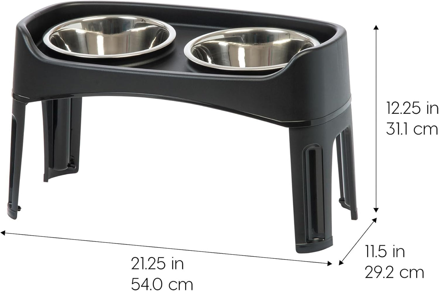 IRIS USA Elevated Dog Bowls, Adjustable Height, 2 Thick 64 oz Stainless Steel Bowls, Spill-Proof with Raised Outer Rim, Durable Made in USA Plastic, Easy Assemble, 2 Heights 4.63" or 12.25" Black