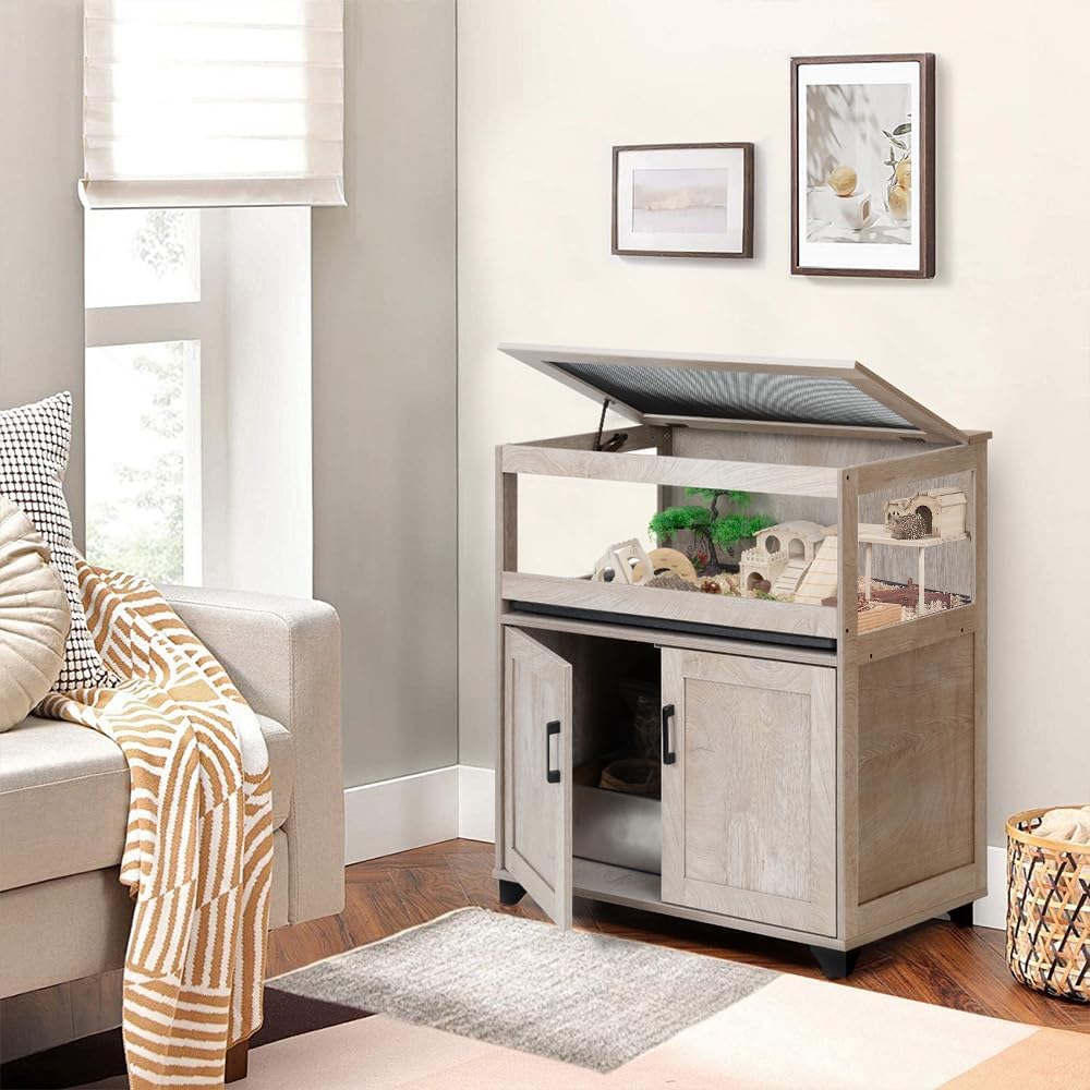 unipaws Hedgehog Cage with Storage Cabinet, Hamster Cage for Rat and Guinea Pigs, Clear Transparent PVC Visual Small Animal Cage with Tray, Hamster Enclosure, Grey