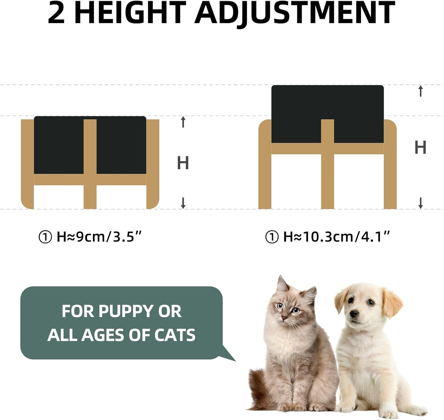 Ceramic Raised Dog and Cat Bowl Set, 2 Heights Elevated Stand, Food and Water Bowl for Small Breed Dogs, Cats, Kitty, Weighted Dog Dishes, Pet Bowls(5.1'',13.5oz, Black)