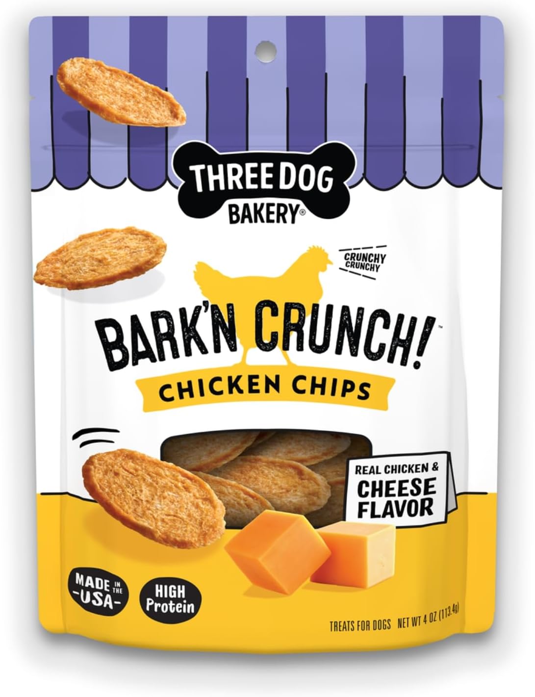 Three Dog Bakery Bark’N Crunch! Chicken Chips, Cheese Flavor, Crunchy Treat for Dogs, Two Ingredients, High Protein Snacks, No Artificial Flavors or Colors, Made in The USA, 4 oz
