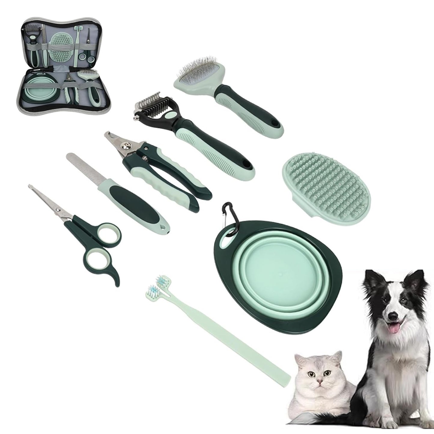 8-in-1 Pet Grooming Kit for Dogs & Cats - Includes Slicker Brush, Nail Clippers, Comb, Scissors, Toothbrush & Collapsible Bowl - Deshedding, Hair Trimming & Care Set, Travel Bag