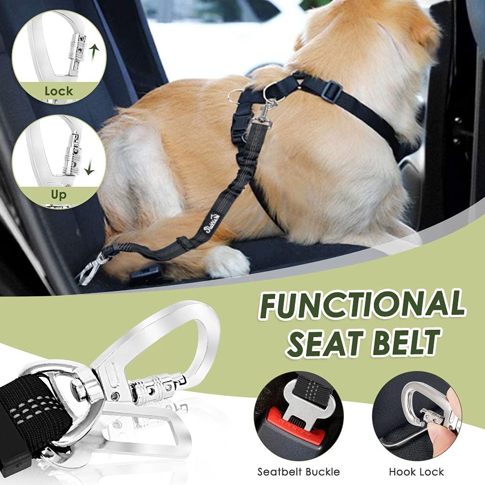 SlowTon Dog Seat Belt Harness for Car, Dog Car Harness Adjustable Mesh Breathable & Dog Seatbelt Safety Tether with Elastic Bungee for Small Medium Large Pets(Black, Double Clip, XXS)