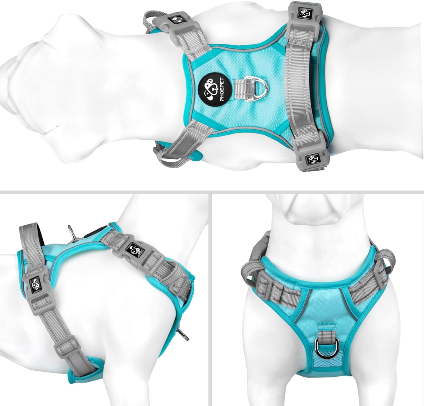PHOEPET No Pull Dog Harness, Unique Colors Reflective Adjustable Dog Vest, with Soft Training Handle Metal Clips for Small Medium Large Dogs (Mint Green Base & Grey Straps,L)