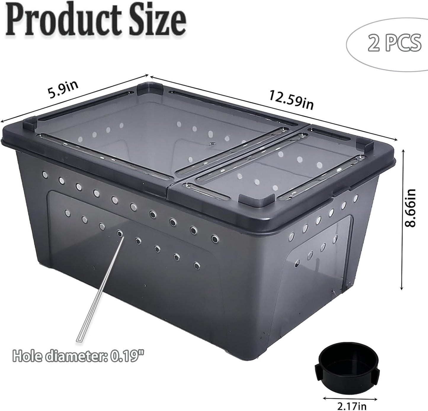 PINVNBY Reptile Enclosure Terrarium 2-Pack - 12.6"x8.7"x5.9" Multi-Purpose Transparent Plastic Habitat Cage for Gecko Scorpion Spider Snake Breeding Feeding & Cricket Keeper with Ventilated Lid, Black
