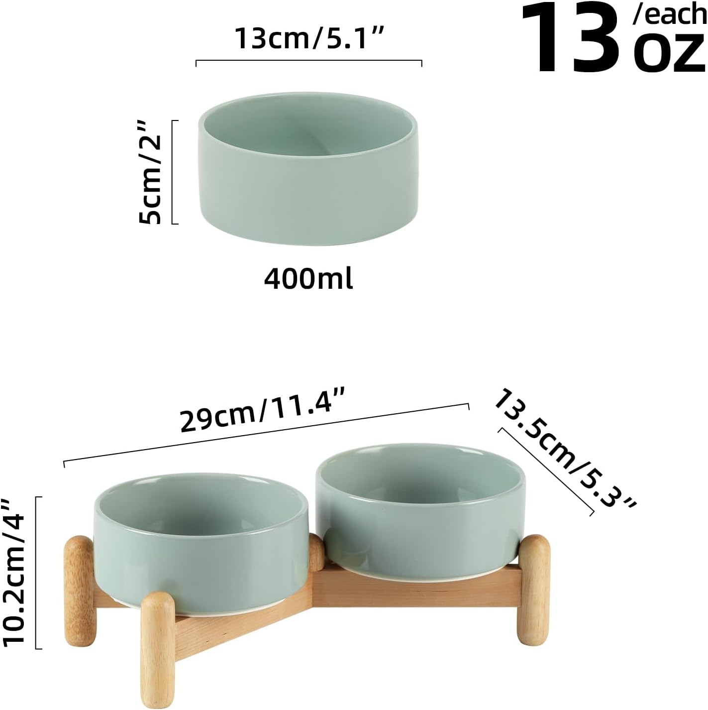 Ceramic 5.1inch Raised Double Bowls Set with Wooden Stand, Elevated Food & Water Bowls for Small Breed Dogs, Cats, Kitty, Weighted Dog Dishes, Pet Bowls(13.5oz, Light Green)
