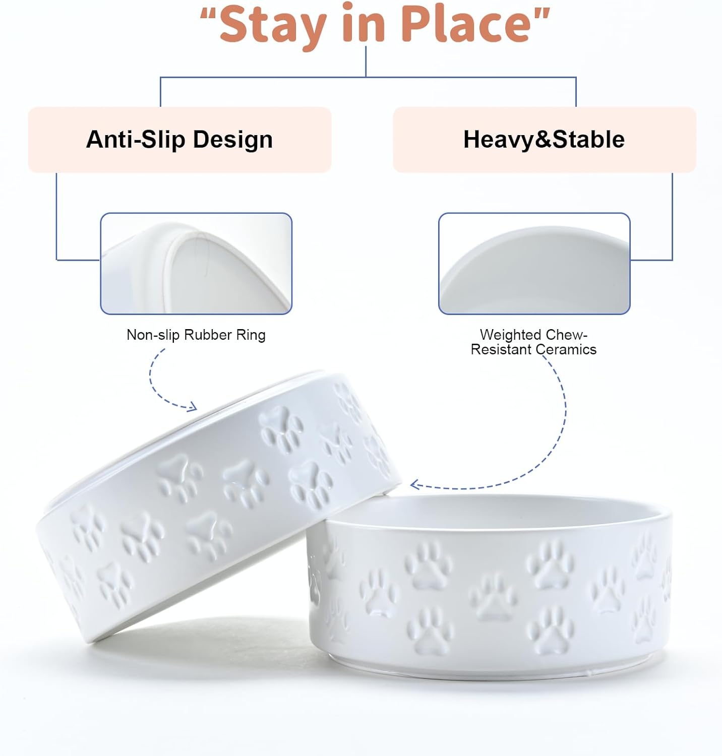 SPUNKYJUNKY Ceramic Dog and Cat Bowls 2 Pack, 5.1'' Dog and Cat Food Water Double Feeding Bowls Non-Slip for Cats and Puppy Small Sized Breed Dogs Microwave Dishwasher Safe - 13.5 OZ, 2pcs, Paw White