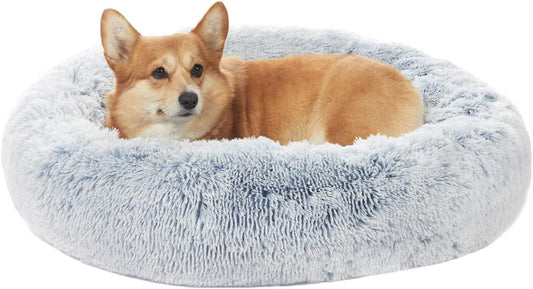 Bedfolks Calming Donut Dog Bed, 30 Inches Round Fluffy Dog Beds for Medium Dogs, Anti-Anxiety Plush Dog Bed, Machine Washable Pet Bed (Light Blue, Medium)