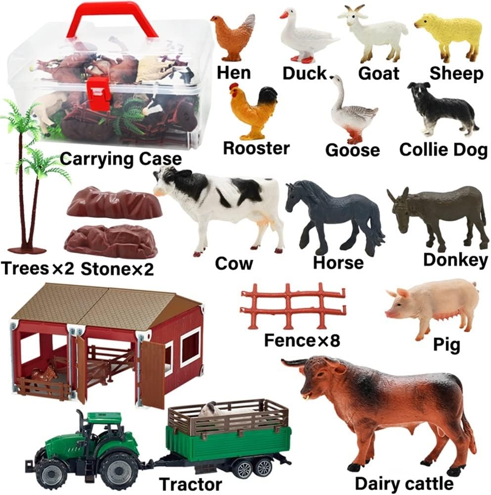 BOLZRA Mini Barn Playset, 66PCS Plastic Animals Figurines and Fence, Farm Figures Farmer Vehicle Toy Truck with Trailer for 3-12 Years Old Kids Boys Girls Toddlers