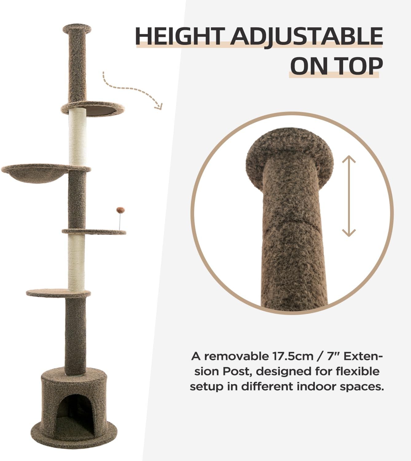 Made4Pets Floor to Ceiling Cat Tree 93-106'',Tall Cat Tower 5 Tiers, Adjustable Height, Stable Cat Tree Tower with Scratching Posts, Fluffy Condo, Hammock and Ball Toy for Indoor Cats/Kitten, Brown