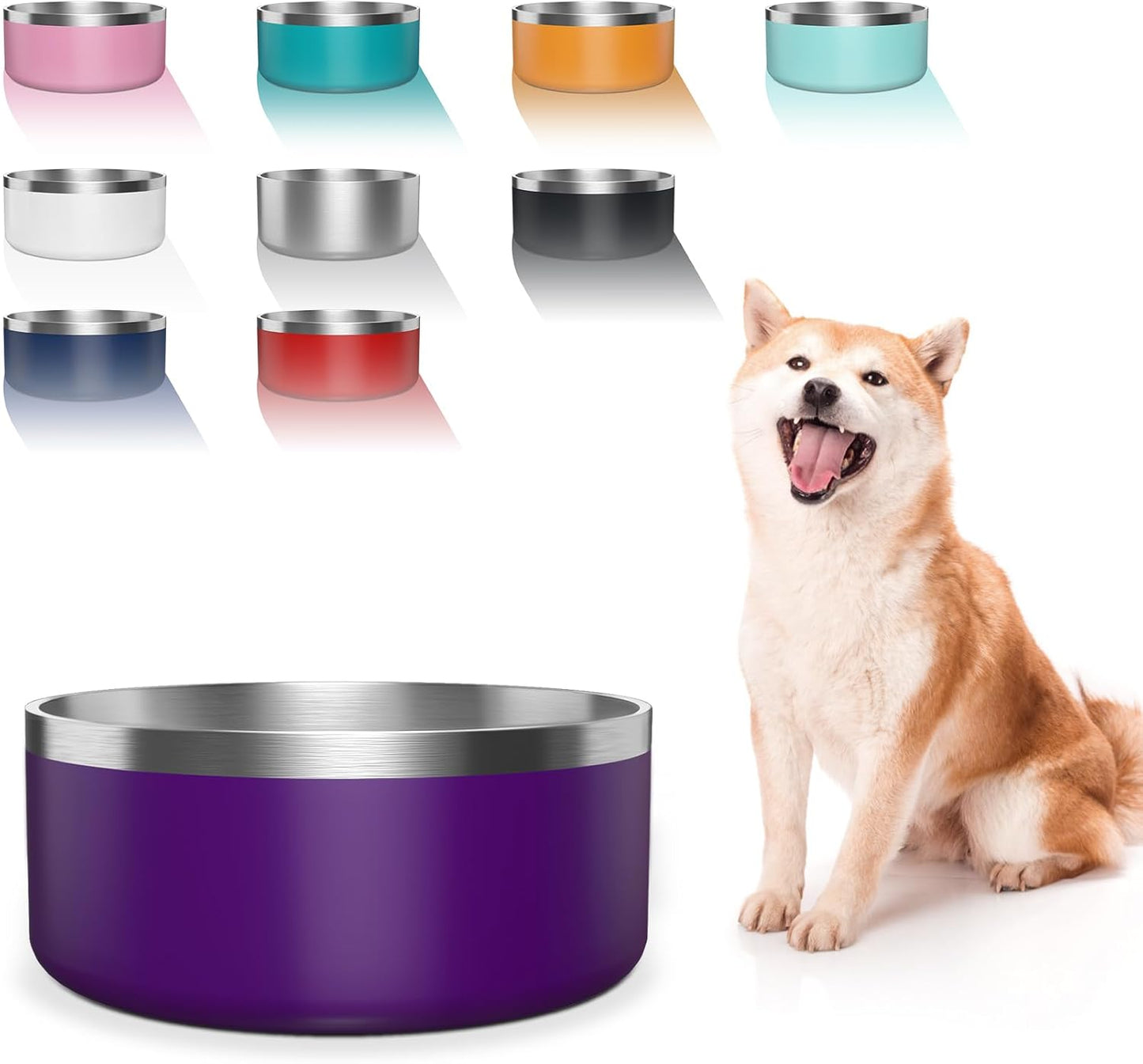 Dog Bowl, Stainless Steel Dog Food and Water Bowl with Non Slip Quiet Bottom, Easy to Clean, Dishwasher Safe, 64oz, Purple