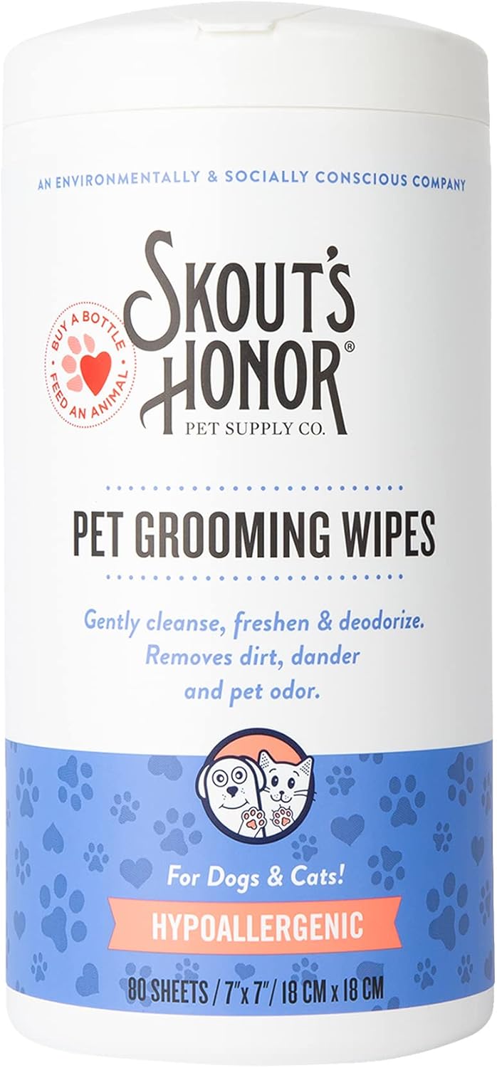 SKOUT'S HONOR Pet Grooming Wipes for Dogs and Cats - Deodorizing, Plant-Based, Biodegradable, Fragrance-Free - for Paws, Faces, Skin Folds & Bums, 80 Count