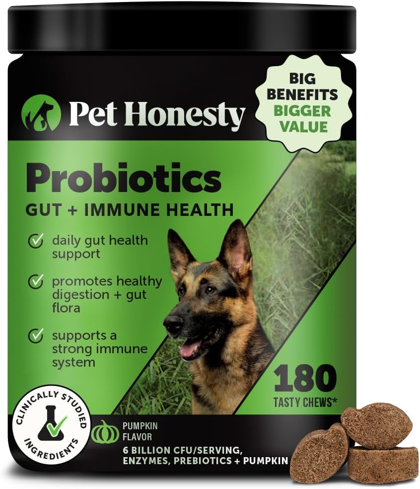 Pet Honesty Probiotics for Dogs - Digestive Enzymes Promotes Gut Health, Dog Probiotics for Diarrhea & Bowel Support, Prebiotics for Immunity Health & Itch Relief (Pumpkin 180 ct)