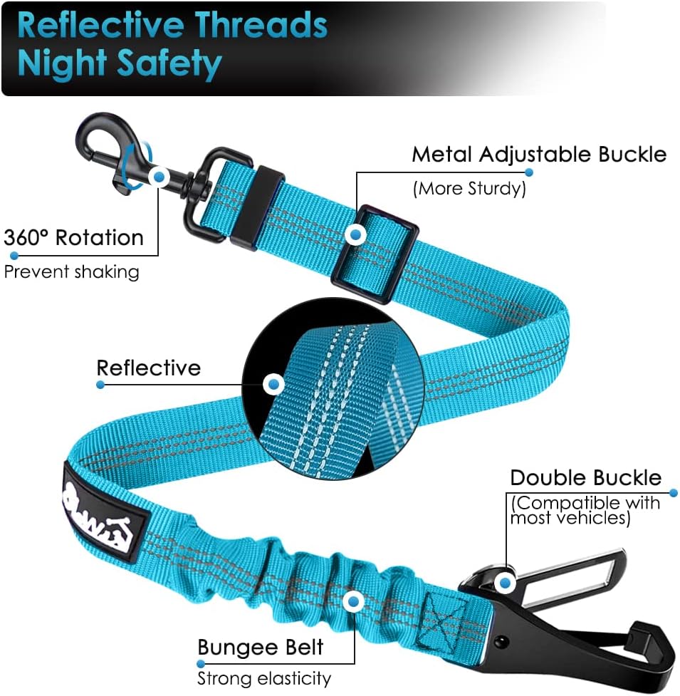 SlowTon Dog Seat Belt, Adjustable Dog Safety Belt Leash, 2 in 1 Latch Bar Attachment Dogs Car Seatbelt with Elastic Nylon Bungee Buffer, Reflective Nylon Belt Tether Connect to Dog Harness (Blue)