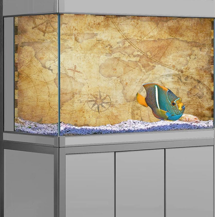 48X20IN Retro Old Travel World Map Terrarium Background, Art Parchment Pirate Treasure Map Reptile Habitat Background with 10EVA Double-Sided Tape