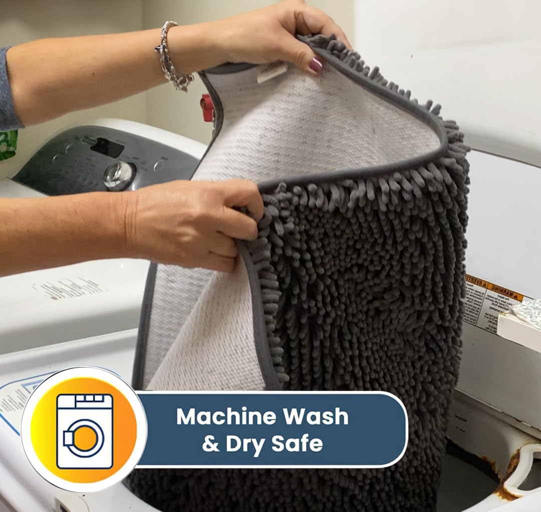 Muddy Mat® AS-SEEN-ON-TV Highly Absorbent Microfiber Door Mat and Pet Rug, Non Slip Thick Washable Area and Bath Mat Soft Chenille for Kitchen Bathroom Bedroom Indoor and Outdoor - Grey 5ft x 7ft