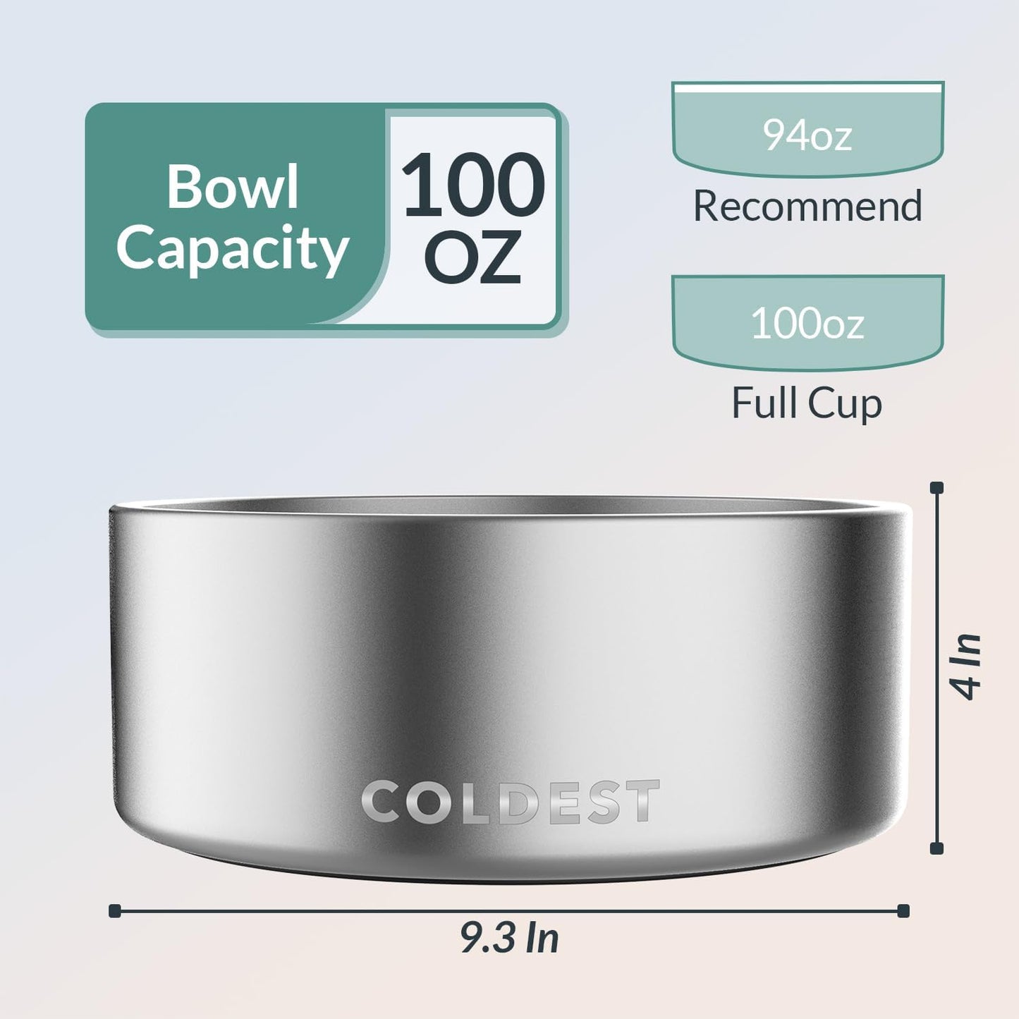 Coldest Dog Bowl - Anti Rust Metal, Non Slip, 3 Layers Insulated Stainless Steel Dog Bowls - Spill Proof & Heavy Duty - Water Bowl for Dogs, Cats, Dish Washer Safe (100 oz,Polished Stainless Steel)